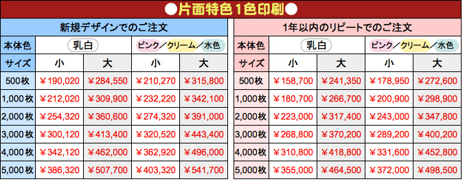 価格表(片面特色1色印刷)