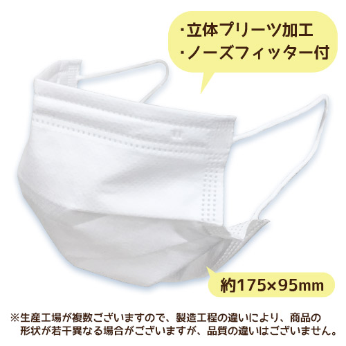 不織布3層サージカルマスクホワイト 立体プリーツ加工 ノーズフィッター付