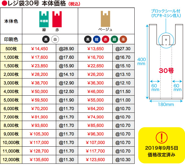 着色カラーレジ袋30号本体価格(税込)