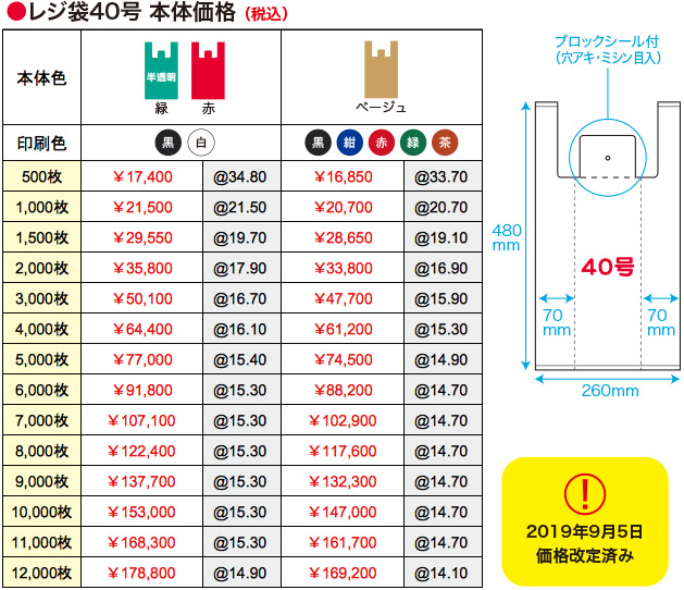 着色カラーレジ袋40号本体価格(税込)